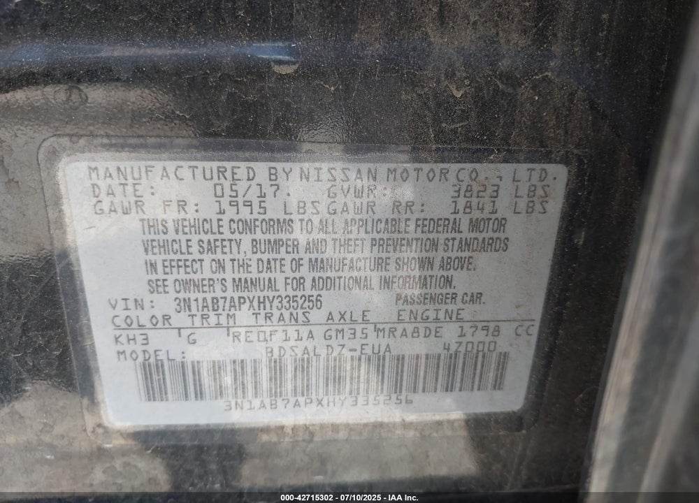 2017 NISSAN SENTRA VIN: 3N1AB7APXHY335256