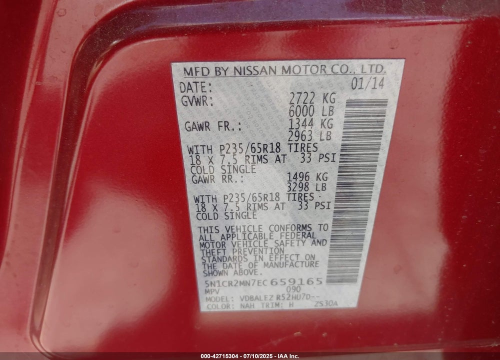 2014 NISSAN PATHFINDER VIN: 5N1CR2MN7EC659165