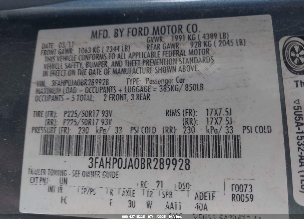 2011 FORD FUSION VIN: 3FAHP0JA0BR289928