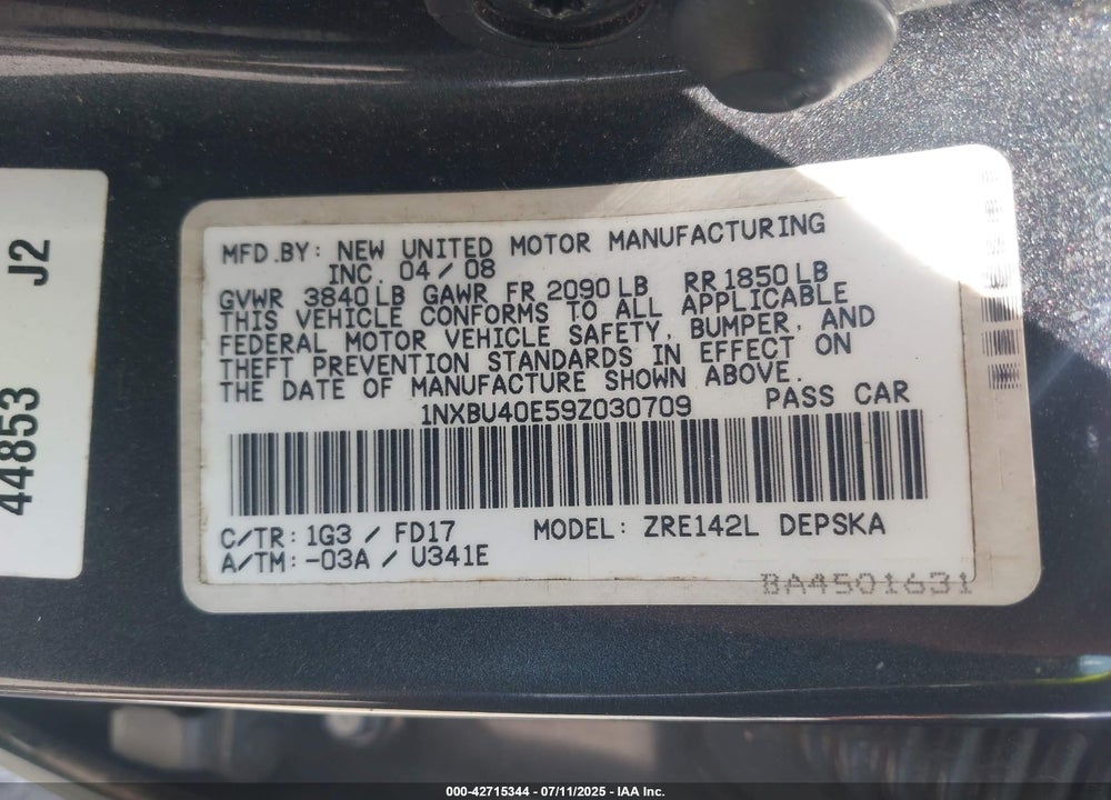 2009 TOYOTA COROLLA VIN: 1NXBU40E59Z030709