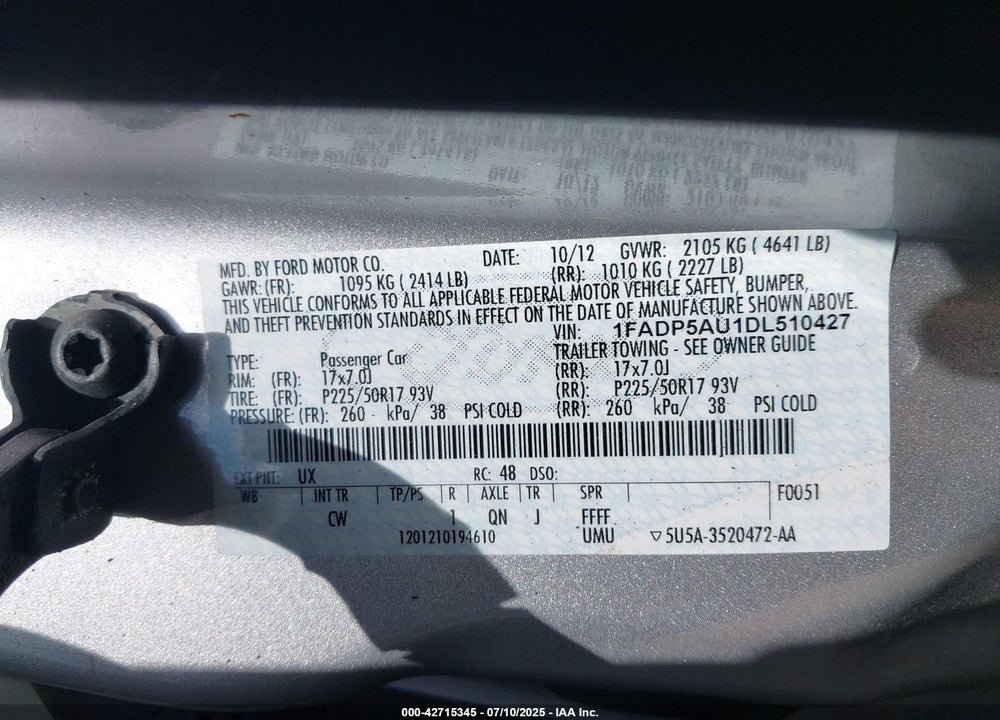 2013 FORD C-MAX HYBRID VIN: 1FADP5AU1DL510427