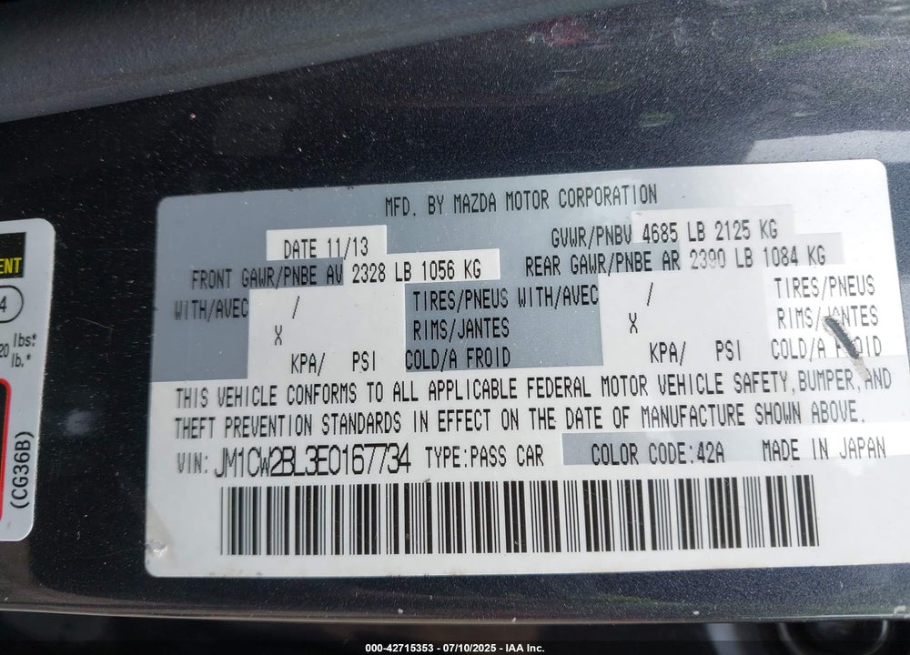 2014 MAZDA 5 VIN: JM1CW2BL3E0167734