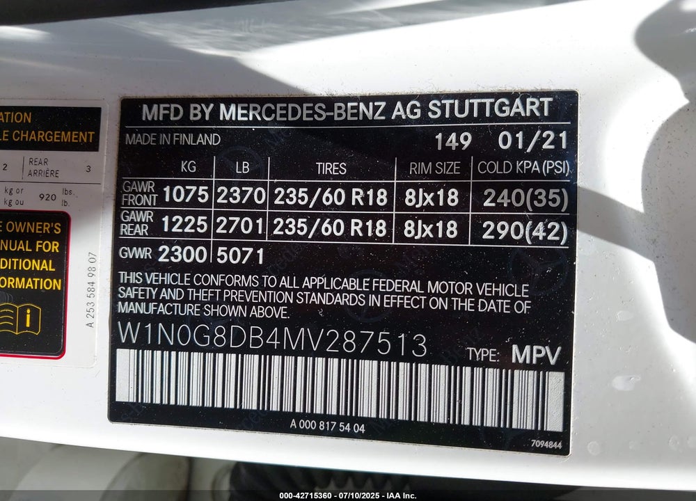 2021 MERCEDES-BENZ GLC 300 SUV VIN: W1N0G8DB4MV287513