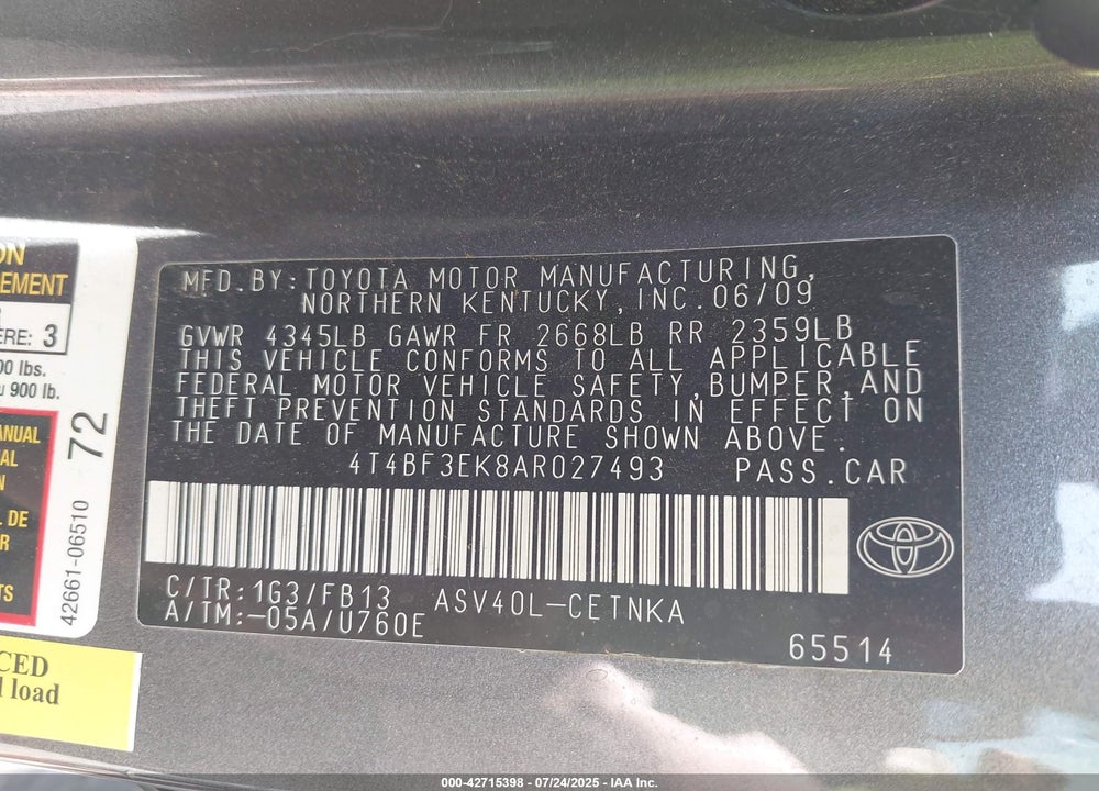 2010 TOYOTA CAMRY VIN: 4T4BF3EK8AR027493
