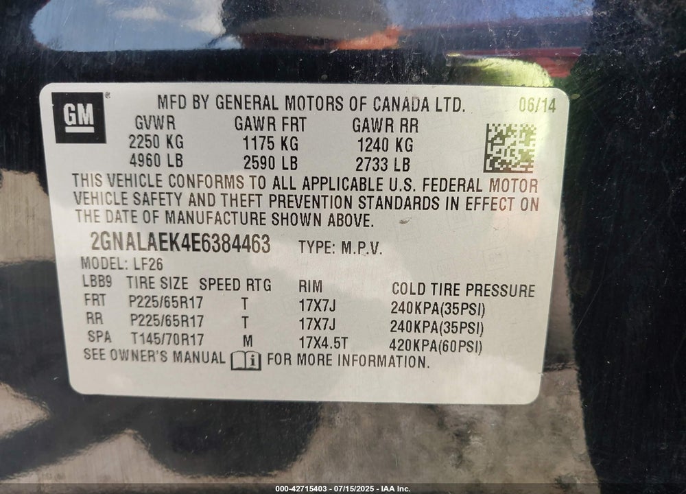 2014 CHEVROLET EQUINOX VIN: 2GNALAEK4E6384463