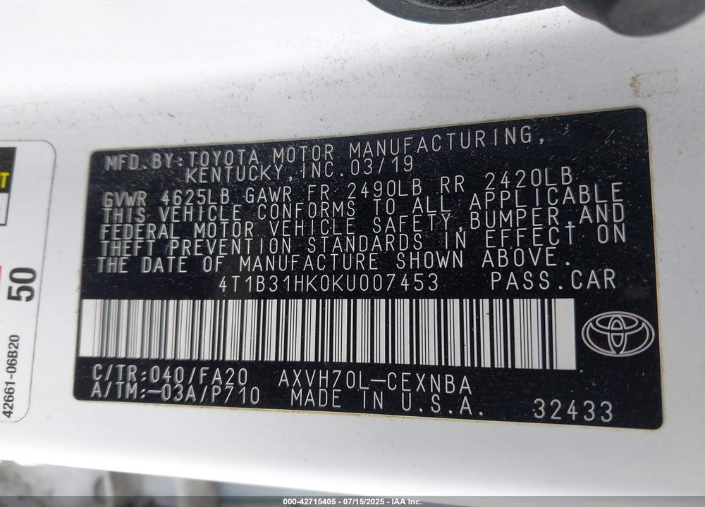 2019 TOYOTA CAMRY HYBRID VIN: 4T1B31HK0KU007453