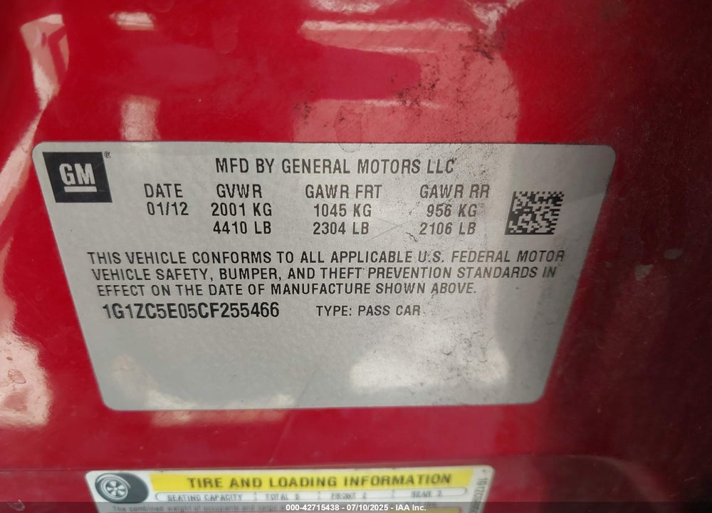 2012 CHEVROLET MALIBU VIN: 1G1ZC5E05CF255466