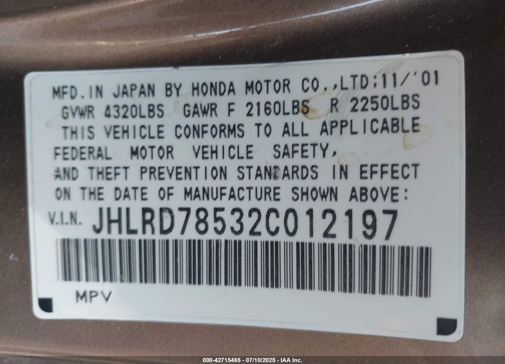 2002 HONDA CR-V LX VIN: JHLRD78532C012197