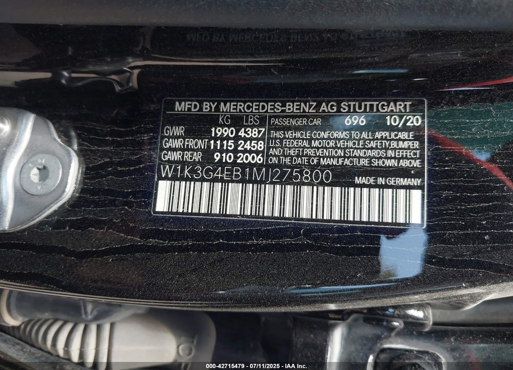 2021 MERCEDES-BENZ A 220 VIN: W1K3G4EB1MJ275800