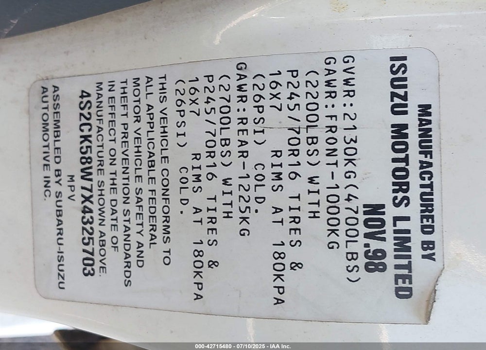 1999 ISUZU RODEO LS/LSE/S 3.2L VIN: 4S2CK58W7X4325703