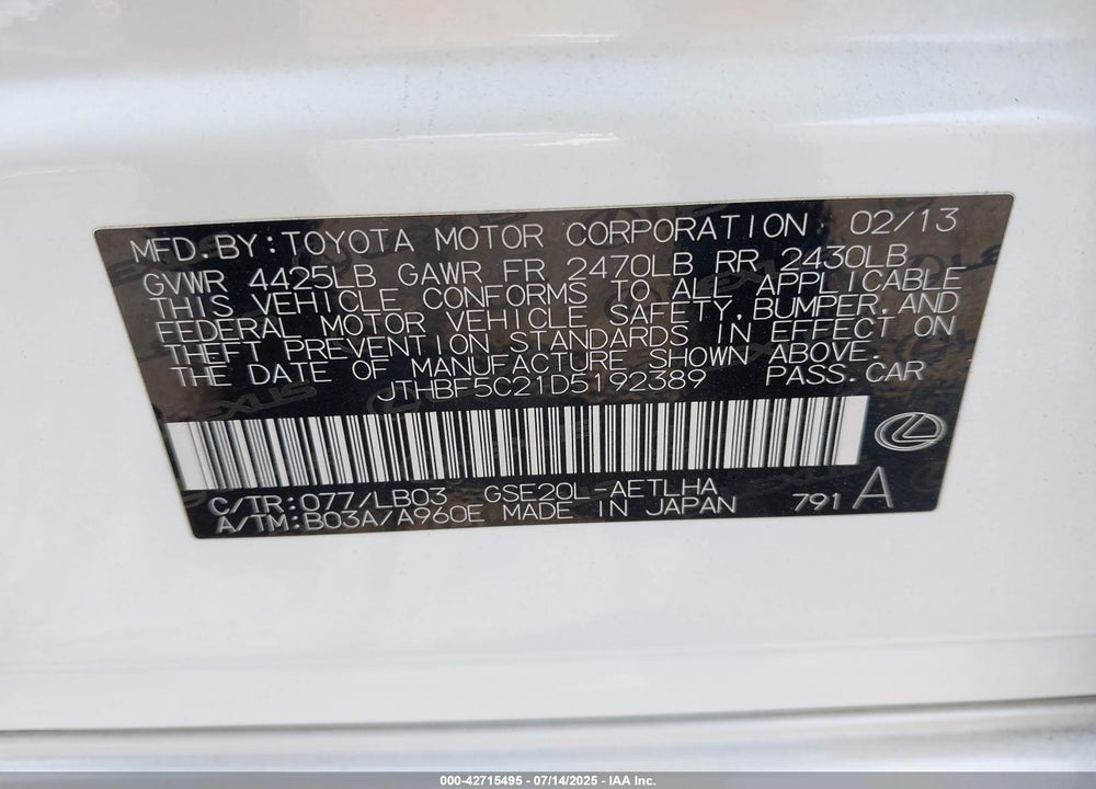 2013 LEXUS IS250 VIN: JTHBF5C21D5192389