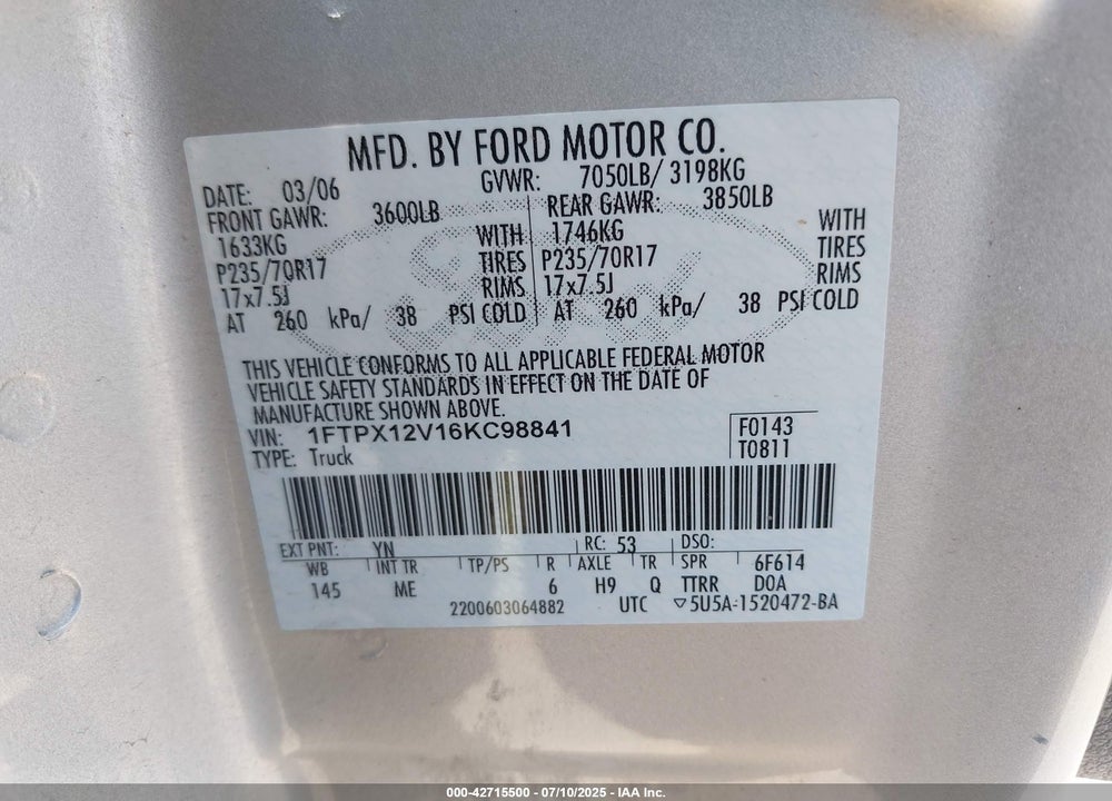2006 FORD F-150 VIN: 1FTPX12V16KC98841