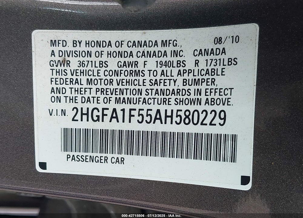 2010 HONDA CIVIC VIN: 2HGFA1F55AH580229
