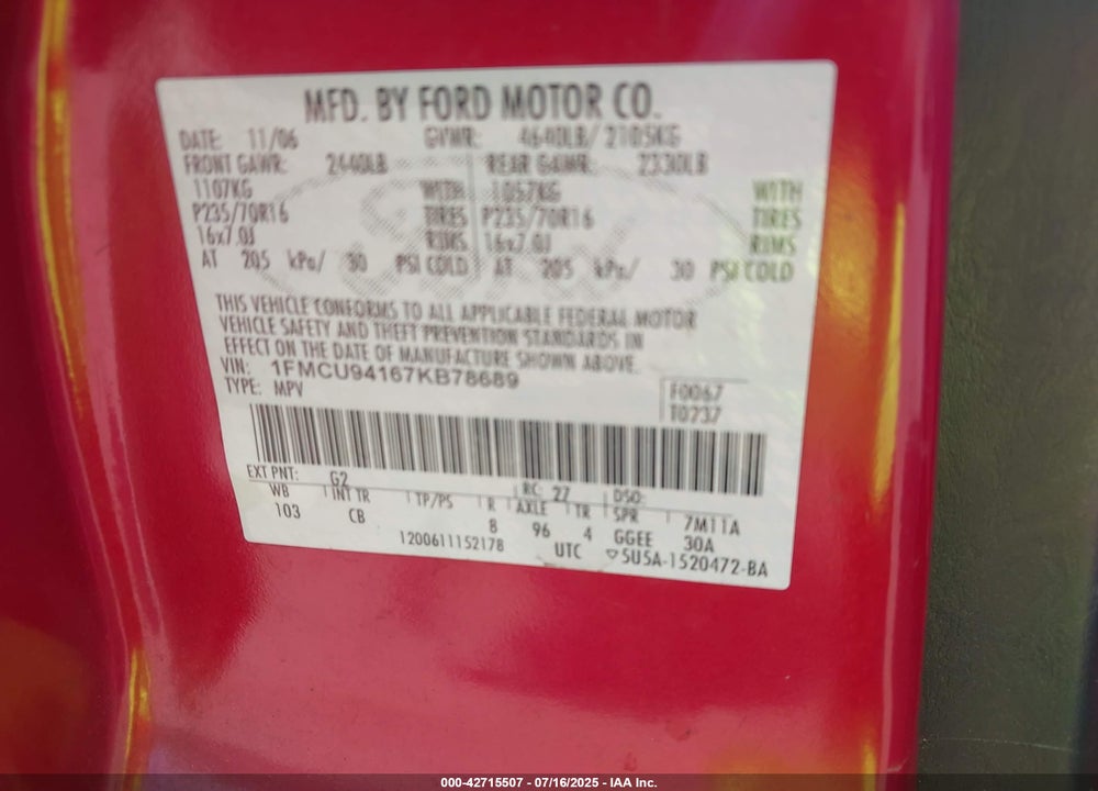 2007 FORD ESCAPE VIN: 1FMCU94167KB78689