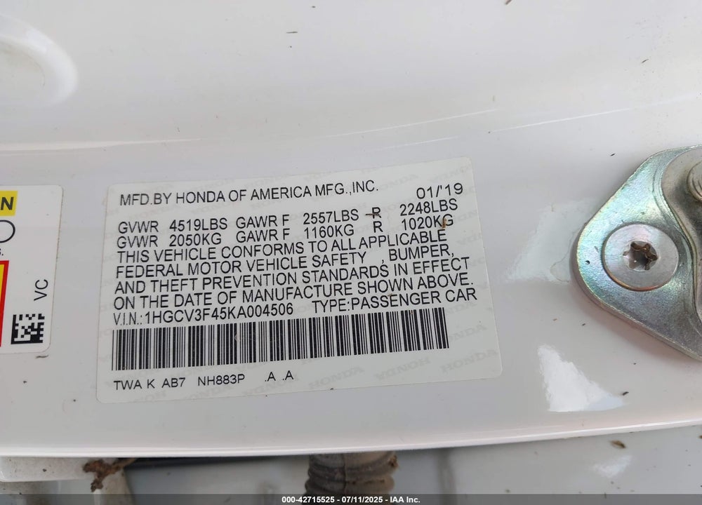 2019 HONDA ACCORD VIN: 1HGCV3F45KA004506