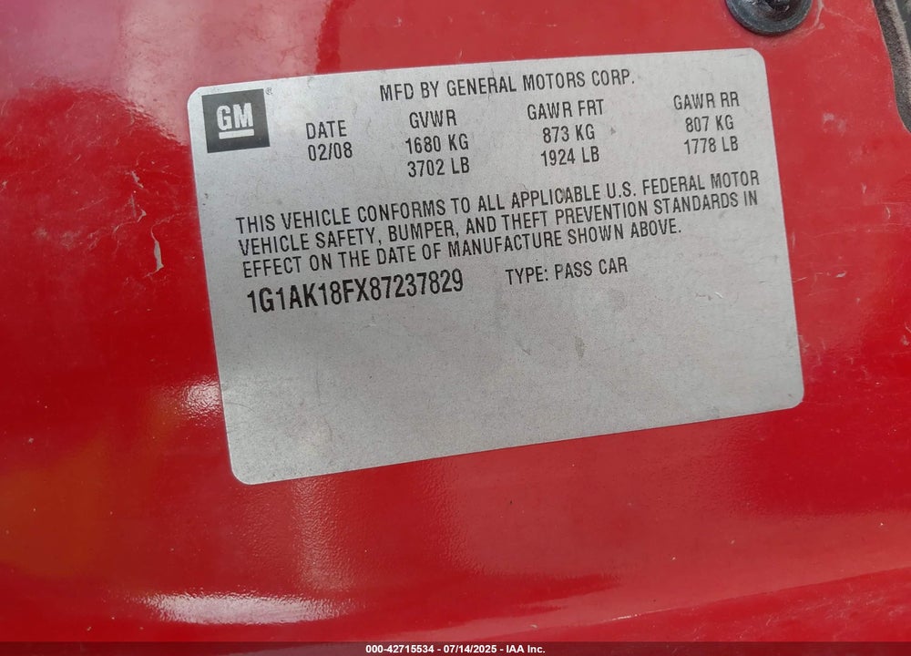 2008 CHEVROLET COBALT VIN: 1G1AK18FX87237829