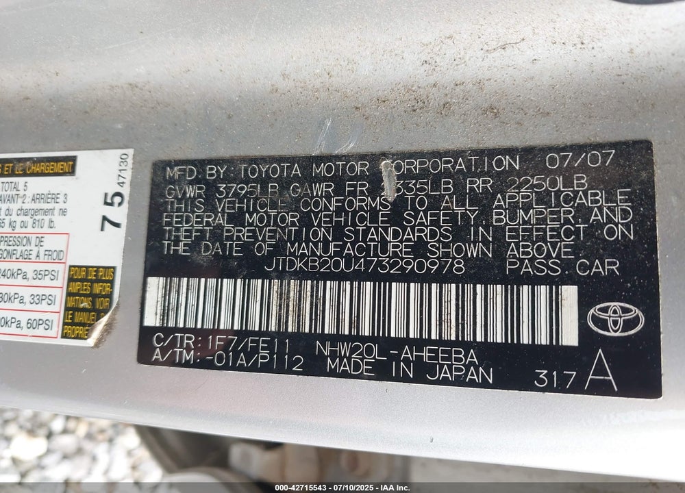 2007 TOYOTA PRIUS VIN: JTDKB20U473290978