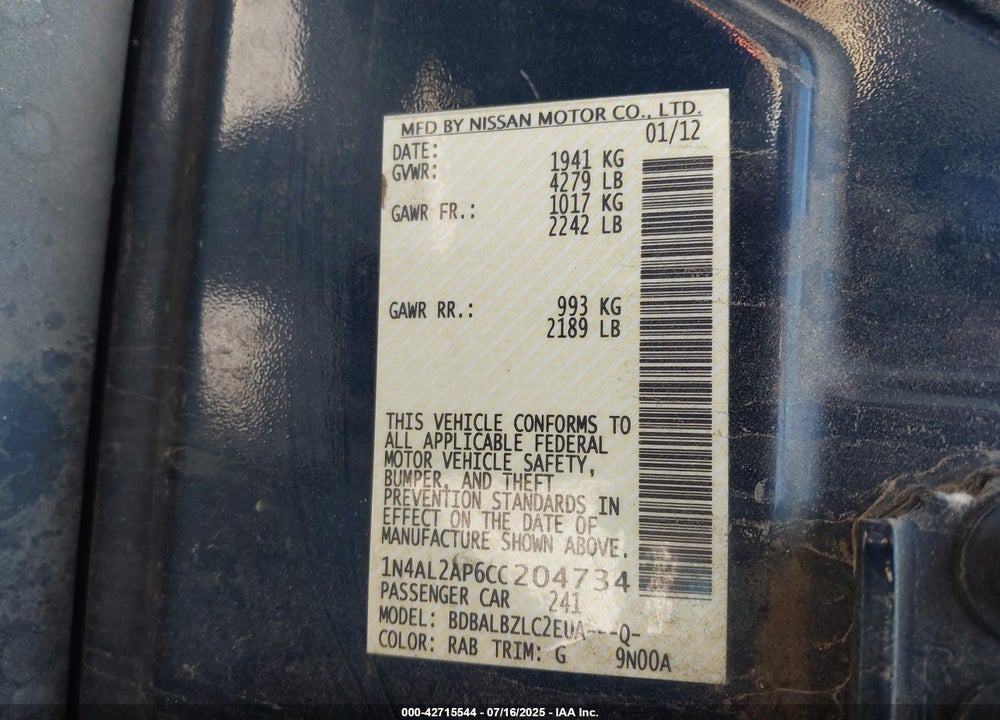 2012 NISSAN ALTIMA VIN: 1N4AL2AP6CC204734