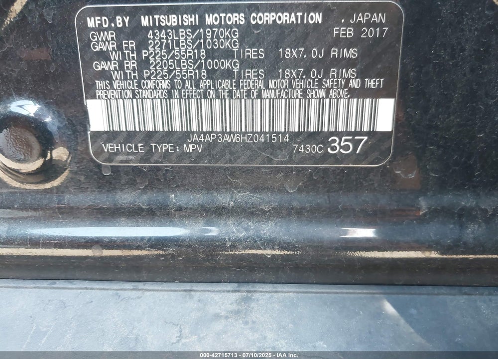 2017 MITSUBISHI OUTLANDER SPORT VIN: JA4AP3AW6HZ041514