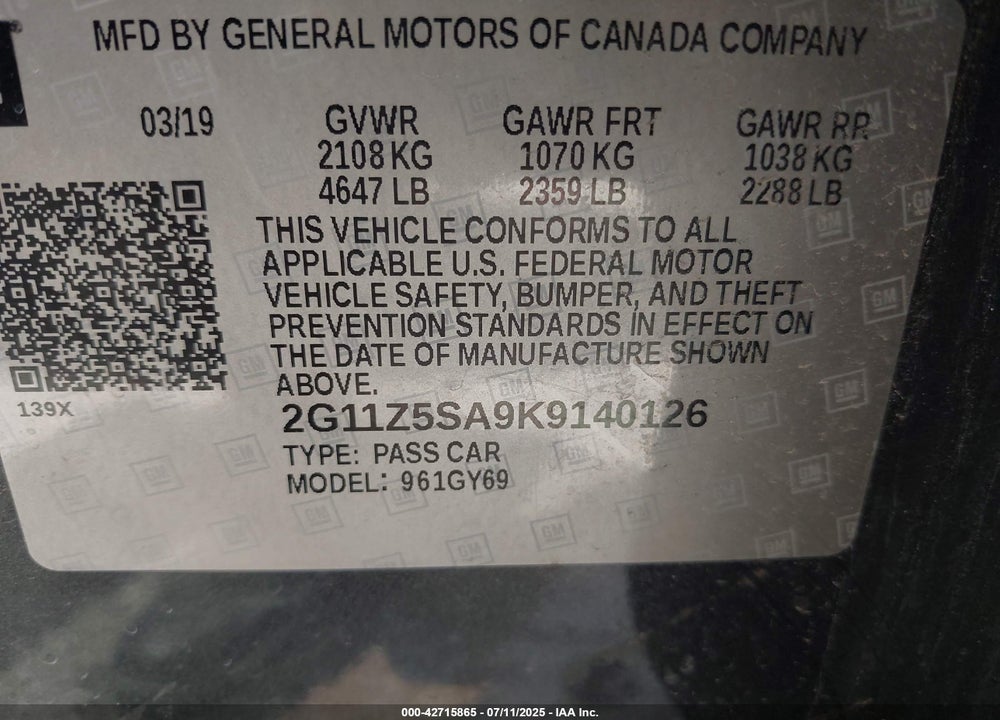 2019 CHEVROLET IMPALA VIN: 2G11Z5SA9K9140126