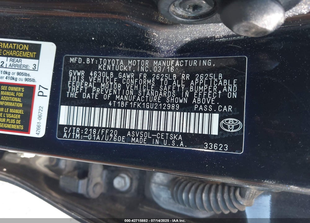 2016 TOYOTA CAMRY SE VIN: 4T1BF1FK1GU212989