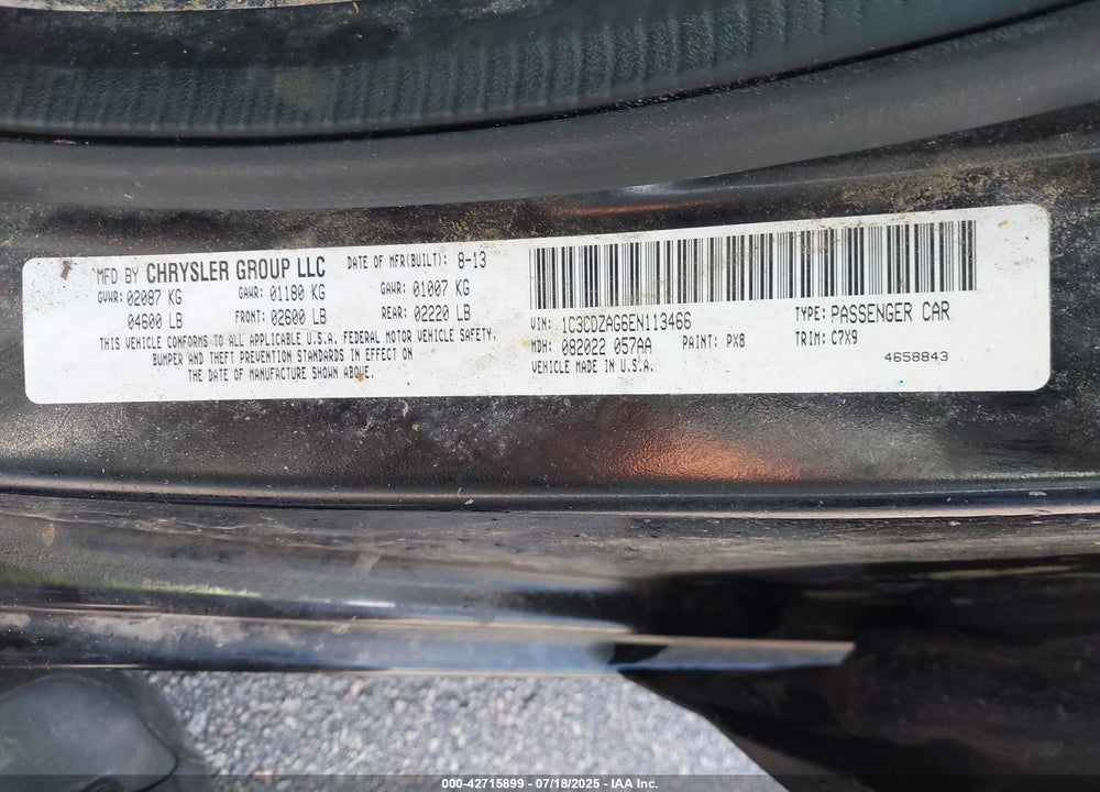 2014 DODGE AVENGER VIN: 1C3CDZAG6EN113466