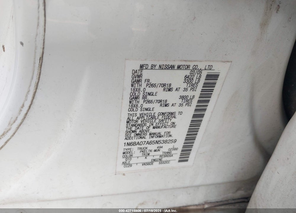 2005 NISSAN TITAN SE VIN: 1N6BA07A65N538259