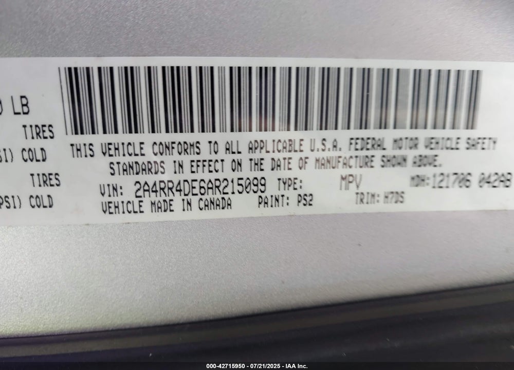2010 CHRYSLER TOWN & COUNTRY VIN: 2A4RR4DE6AR215099