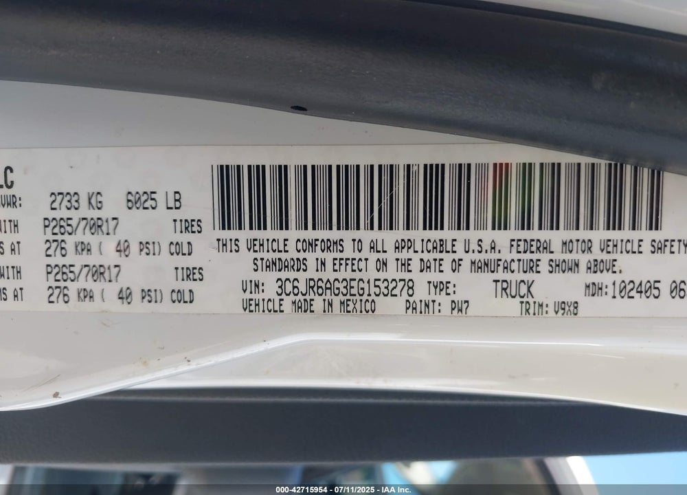 2014 RAM 1500 VIN: 3C6JR6AG3EG153278