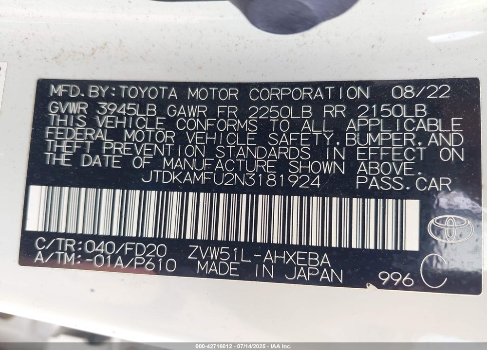 2022 TOYOTA PRIUS VIN: JTDKAMFU2N3181924