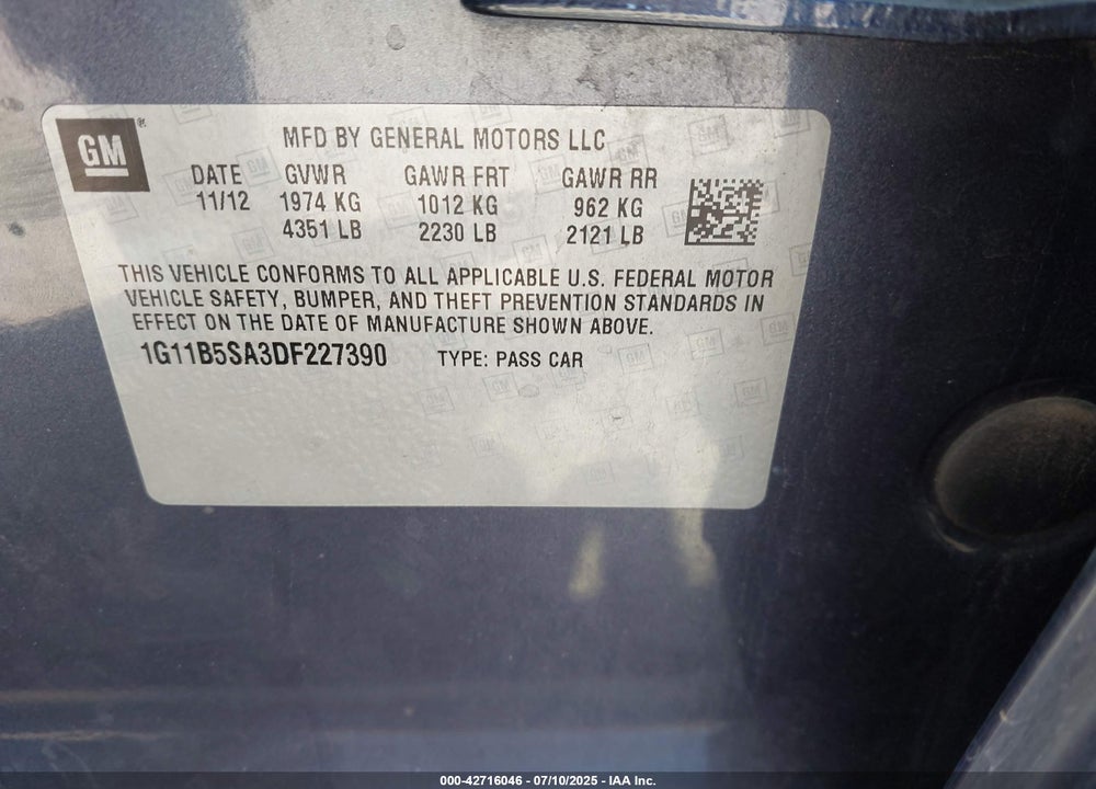 2013 CHEVROLET MALIBU VIN: 1G11B5SA3DF227390