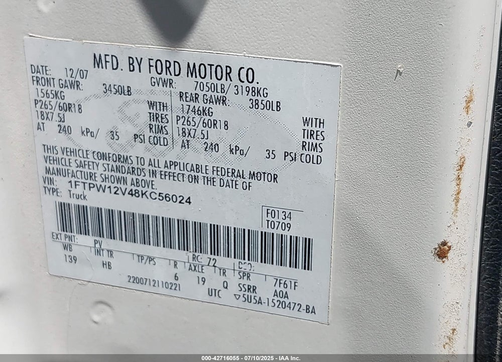 2008 FORD F-150 VIN: 1FTPW12V48KC56024