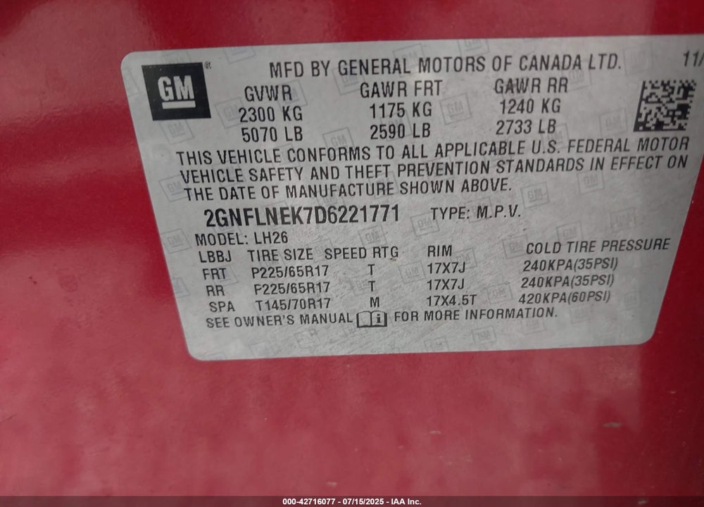 2013 CHEVROLET EQUINOX VIN: 2GNFLNEK7D6221771