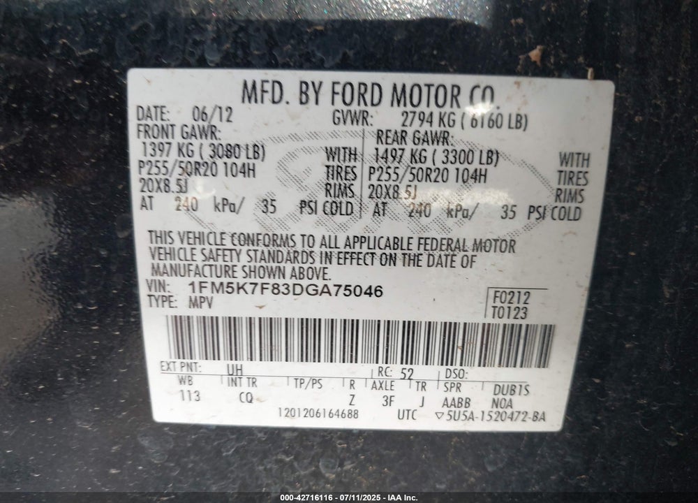 2013 FORD EXPLORER VIN: 1FM5K7F83DGA75046