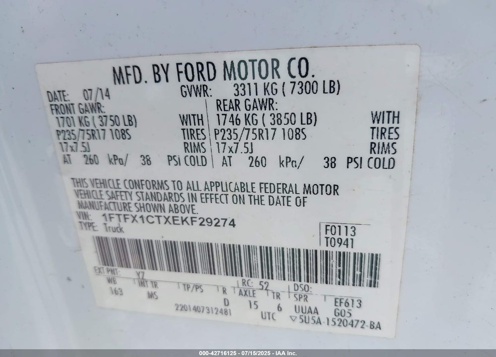 2014 FORD F-150 XLT VIN: 1FTFX1CTXEKF29274