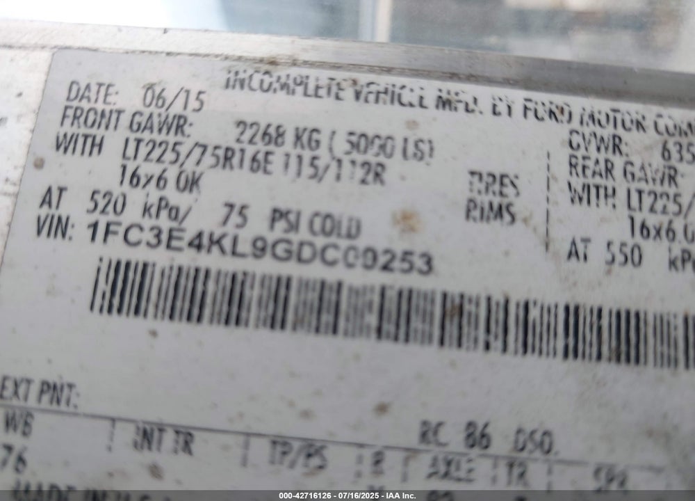 2016 FORD E-450 STRIPPED VIN: 1FC3E4KL9GDC09253