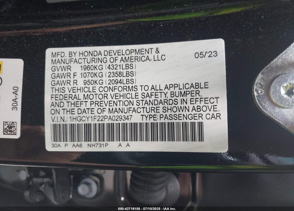 2023 HONDA ACCORD LX VIN: 1HGCY1F22PA029347