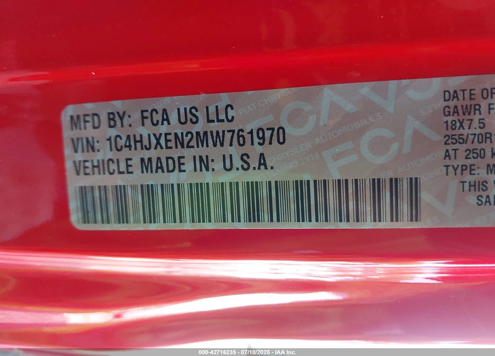 2021 JEEP WRANGLER UNLIMITED VIN: 1C4HJXEN2MW761970