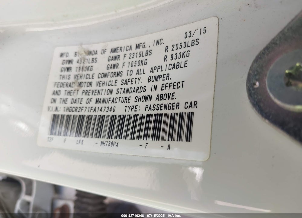 2015 HONDA ACCORD VIN: 1HGCR2F71FA147340