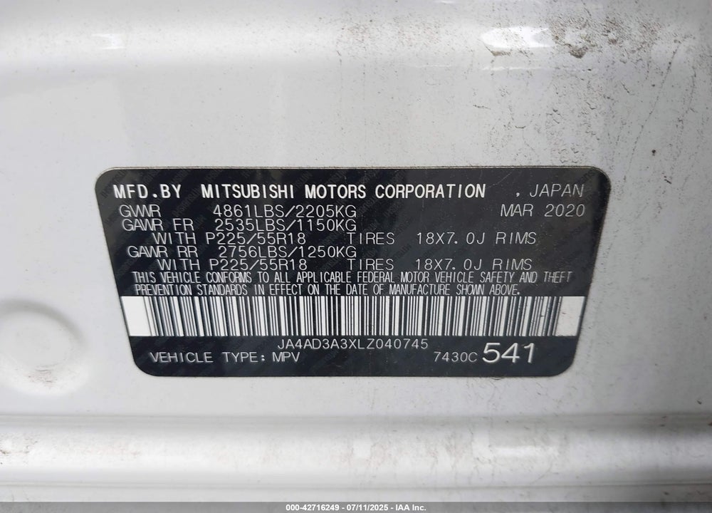 2020 MITSUBISHI OUTLANDER LE 2.4/SE 2.4/SEL 2.4/SP 2.4 VIN: JA4AD3A3XLZ040745