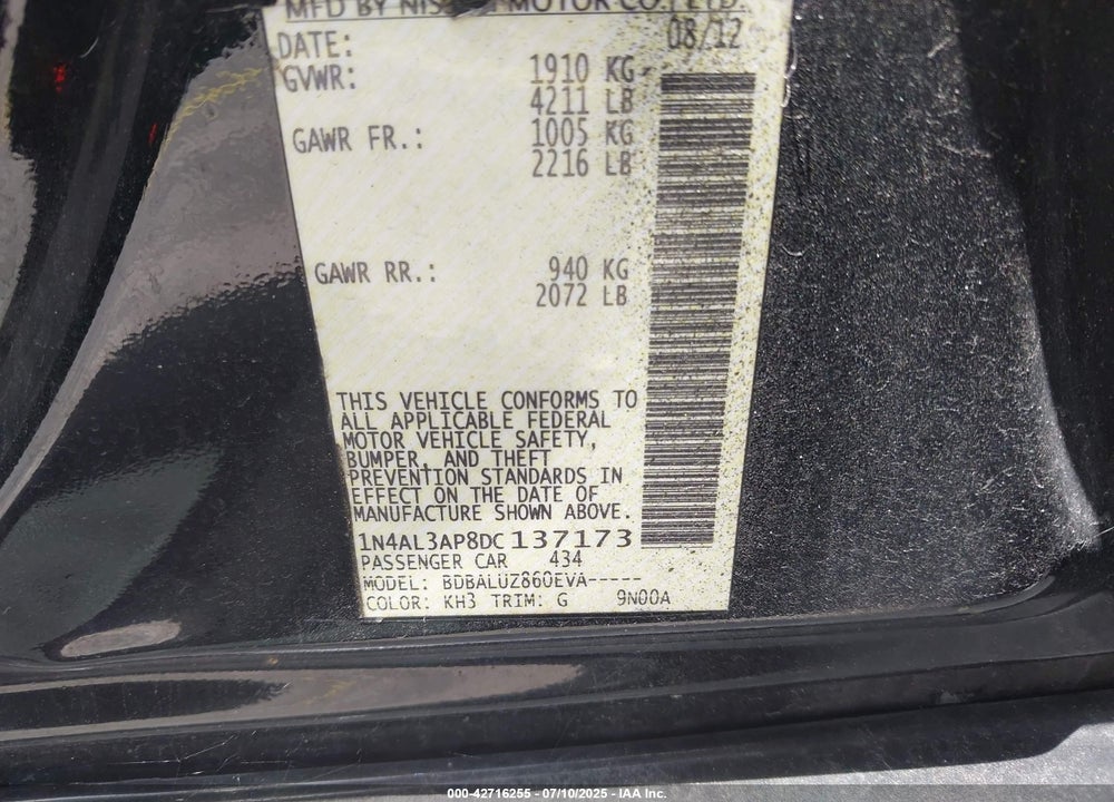 2013 NISSAN ALTIMA VIN: 1N4AL3AP8DC137173