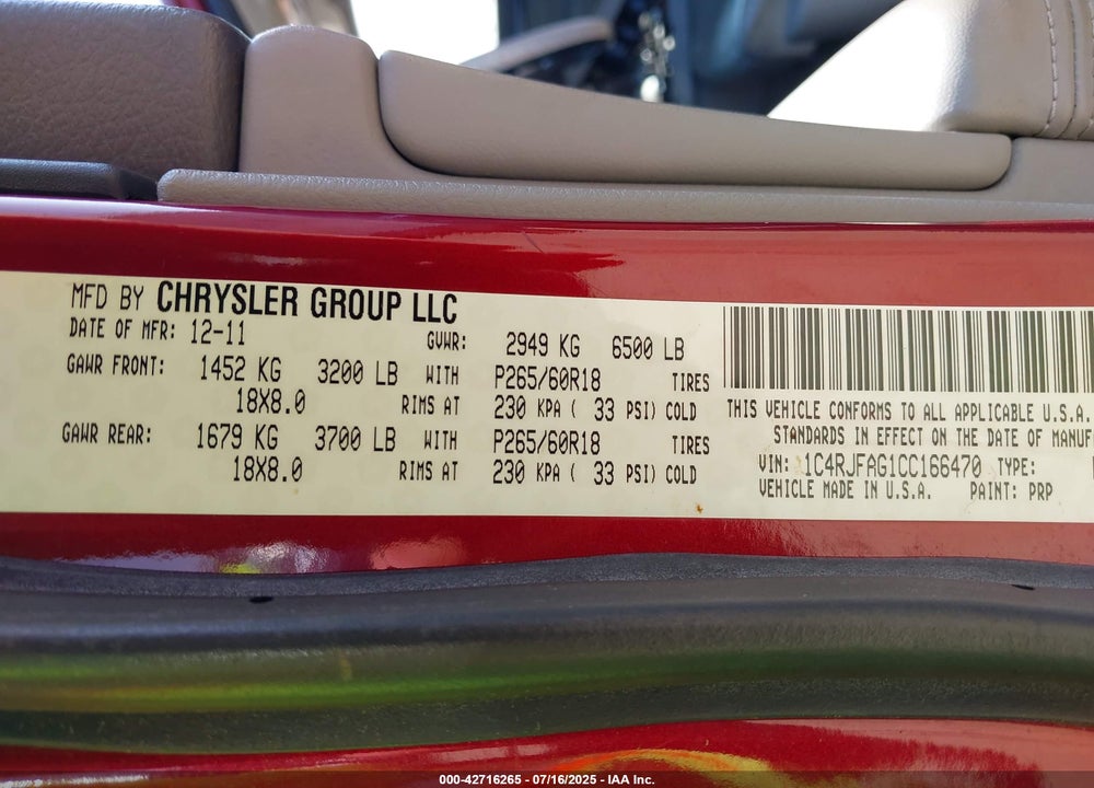 2012 JEEP GRAND CHEROKEE VIN: 1C4RJFAG1CC166470