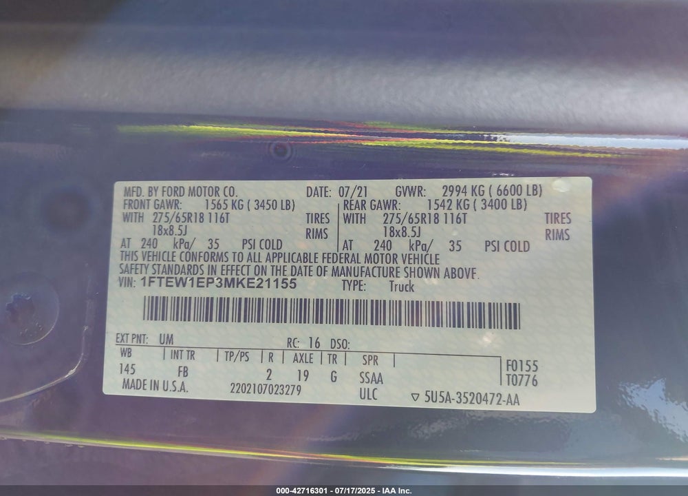 2021 FORD F-150 VIN: 1FTEW1EP3MKE21155