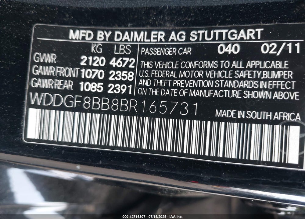 2011 MERCEDES-BENZ C CLASS VIN: WDDGF8BB8BR165731