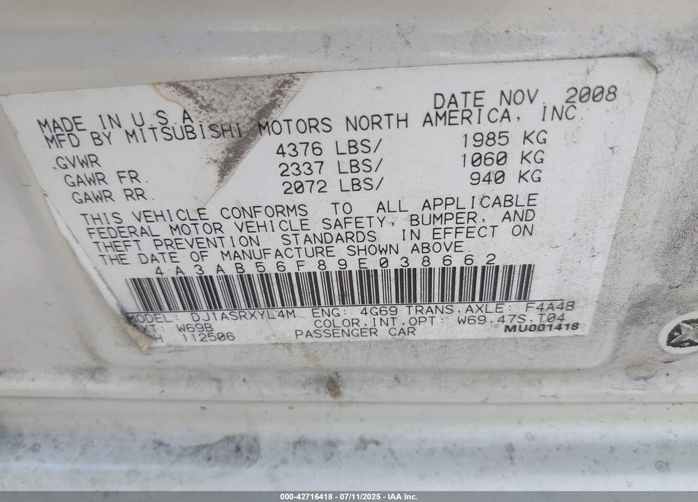 2009 MITSUBISHI GALANT VIN: 4A3AB56F89E038662