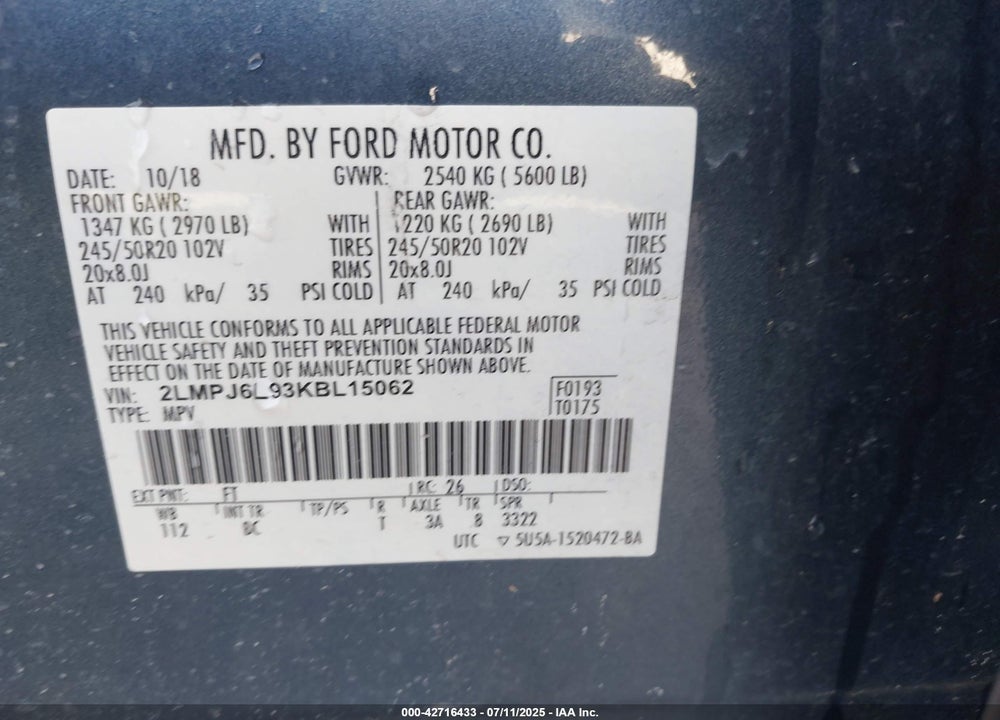 2019 LINCOLN NAUTILUS VIN: 2LMPJ6L93KBL15062