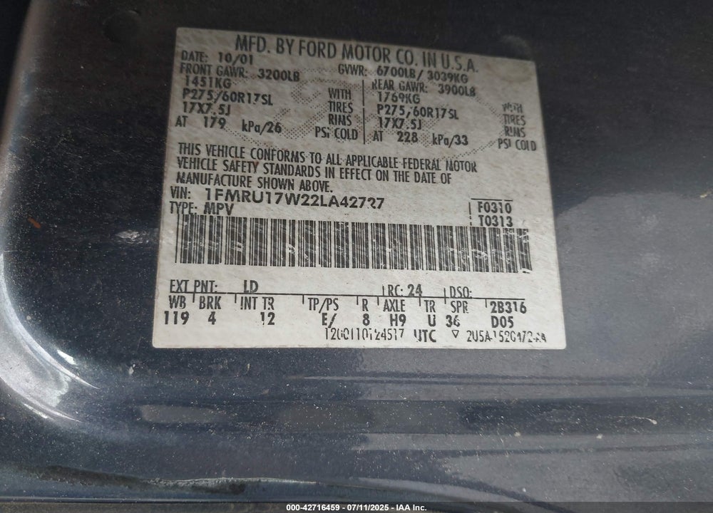 2002 FORD EXPEDITION EDDIE BAUER VIN: 1FMRU17W22LA42727