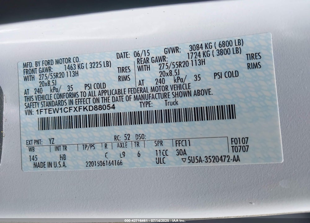 2015 FORD F-150 VIN: 1FTEW1CFXFKD88054