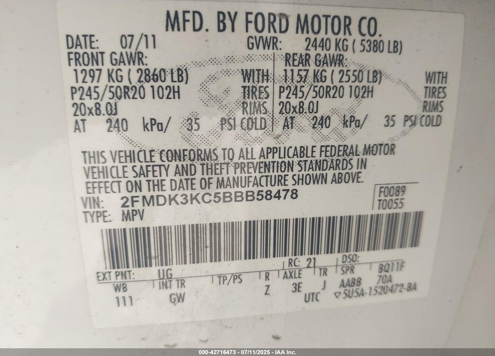 2011 FORD EDGE VIN: 2FMDK3KC5BBB58478