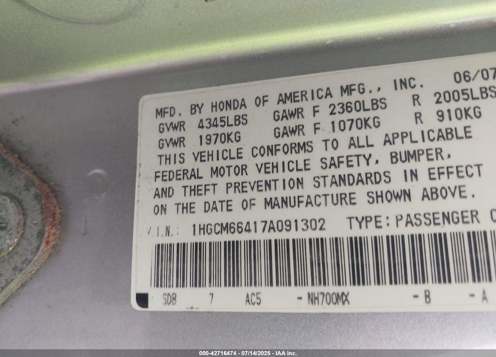 2007 HONDA ACCORD VIN: 1HGCM66417A091302